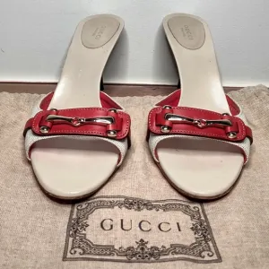 GUCCI cream canvas red leather horse bit slide heels 9.5B