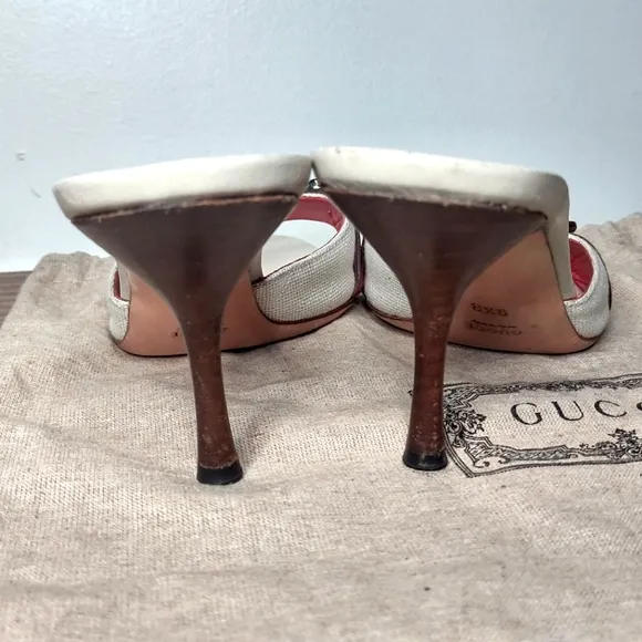 GUCCI cream canvas red leather horse bit slide heels 9.5B
