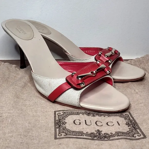 GUCCI cream canvas red leather horse bit slide heels 9.5B