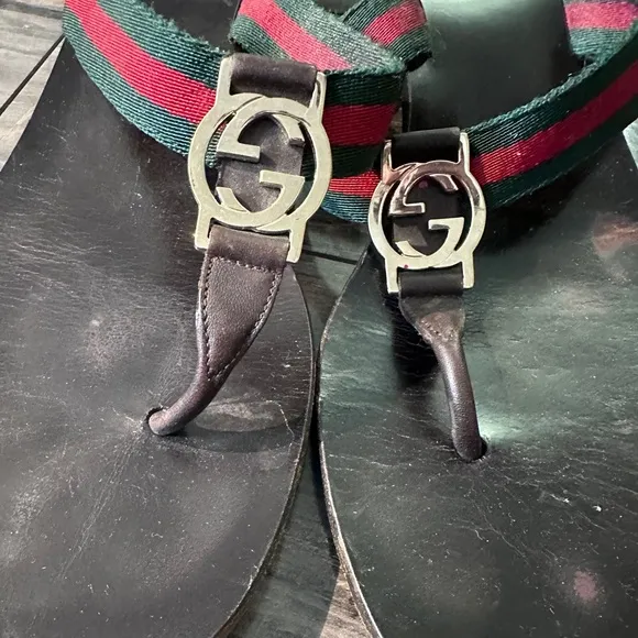 Gucci GG Logo Sandals Kitten Heels THONGS Flip Flop Slides Brown Green Red 9.5