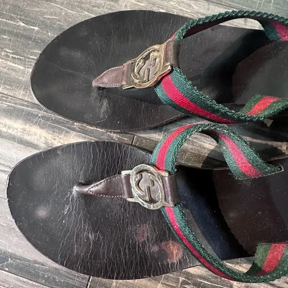Gucci GG Logo Sandals Kitten Heels THONGS Flip Flop Slides Brown Green Red 9.5