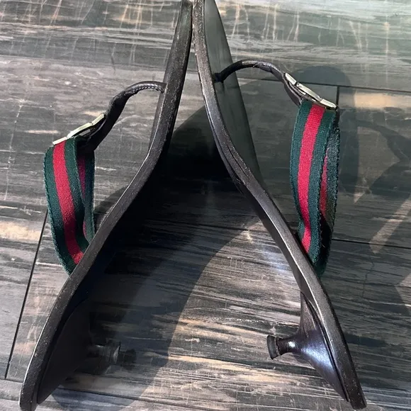 Gucci GG Logo Sandals Kitten Heels THONGS Flip Flop Slides Brown Green Red 9.5