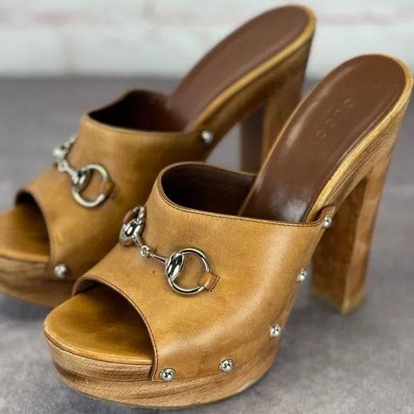 Gucci Horsebit Leather Peep Toe Stud Clogs Tan 38