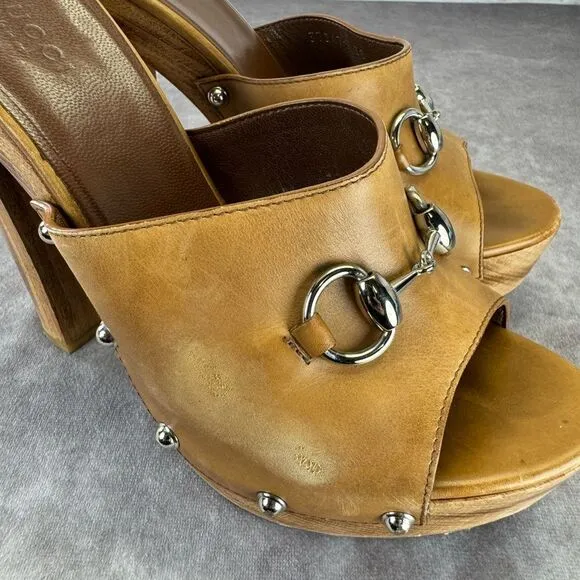 Gucci Horsebit Leather Peep Toe Stud Clogs Tan 38