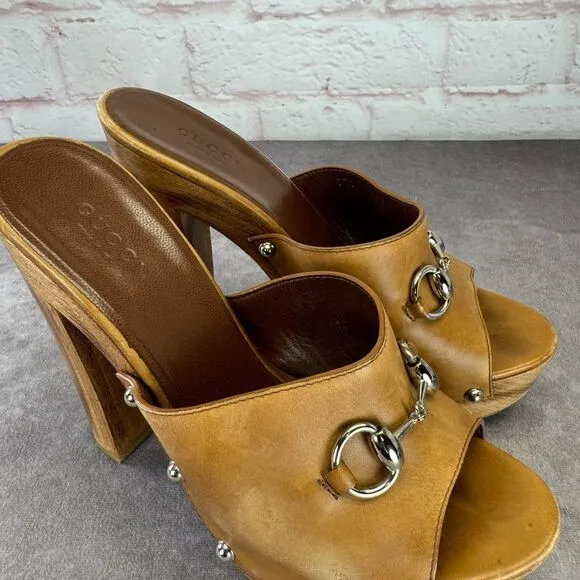 Gucci Horsebit Leather Peep Toe Stud Clogs Tan 38