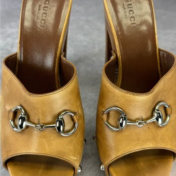 Gucci Horsebit Leather Peep Toe Stud Clogs Tan 38
