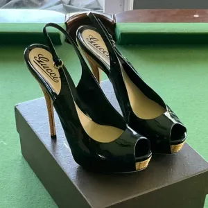 Gucci Open Toe Slingback Pump High Heels Patent Leather Black Size 8.5 B 38.5