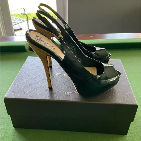 Gucci Open Toe Slingback Pump High Heels Patent Leather Black Size 8.5 B 38.5
