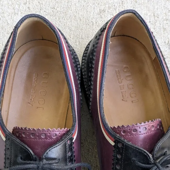 Gucci Oxfords Derbys 11.5 Burgundy Black Leather Captoe Brogues Lace Up