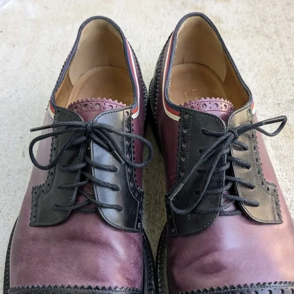 Gucci Oxfords Derbys 11.5 Burgundy Black Leather Captoe Brogues Lace Up