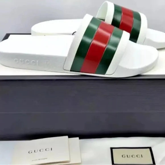 GUCCI Pursuit Stripes White Pool Slides Mens - White Gucci Web  Gucci Size US 11