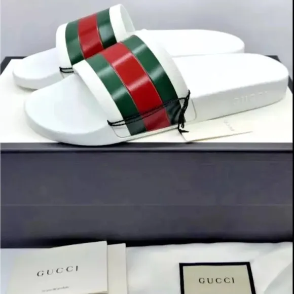 GUCCI Pursuit Stripes White Pool Slides Mens - White Gucci Web  Gucci Size US 11