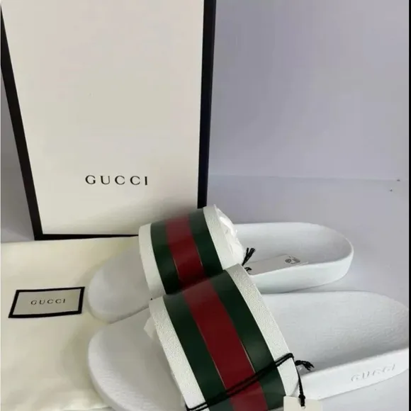 GUCCI Pursuit Stripes White Pool Slides Mens - White Gucci Web  Gucci Size US 11