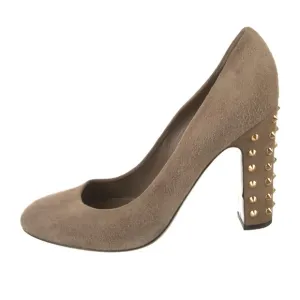 Gucci Suede Tan Block Heel Pumps Gold Studded Accent IT 37.5