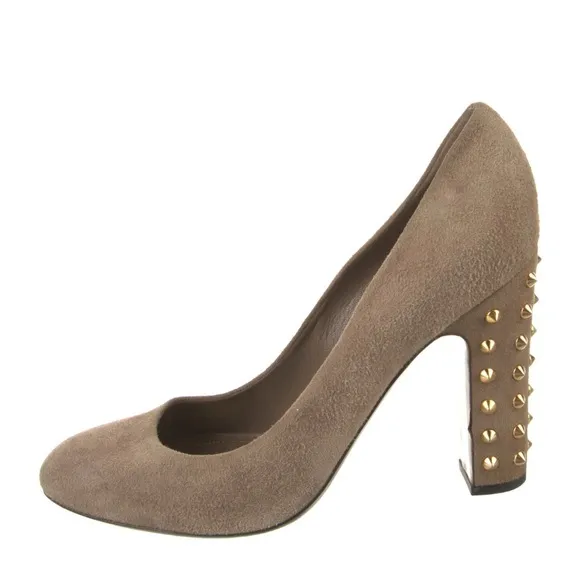 Gucci Suede Tan Block Heel Pumps Gold Studded Accent IT 37.5