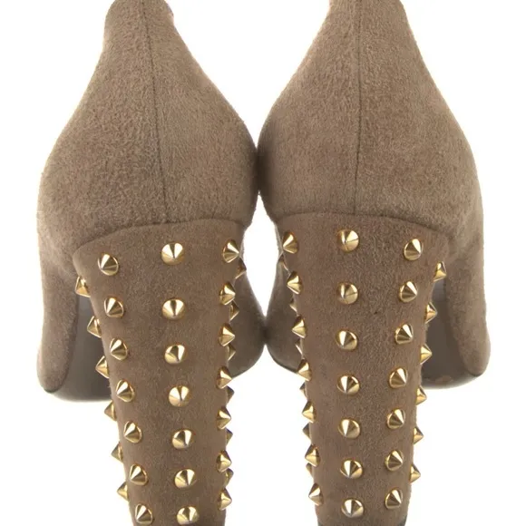 Gucci Suede Tan Block Heel Pumps Gold Studded Accent IT 37.5