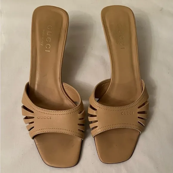 Gucci Tan Kitten Heel Slides, Size 37/US 6-1/2 GUC, Certificate of Authenticity