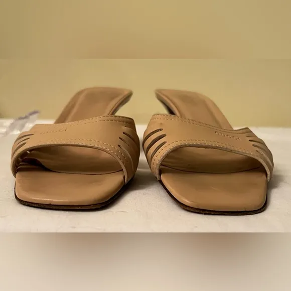 Gucci Tan Kitten Heel Slides, Size 37/US 6-1/2 GUC, Certificate of Authenticity