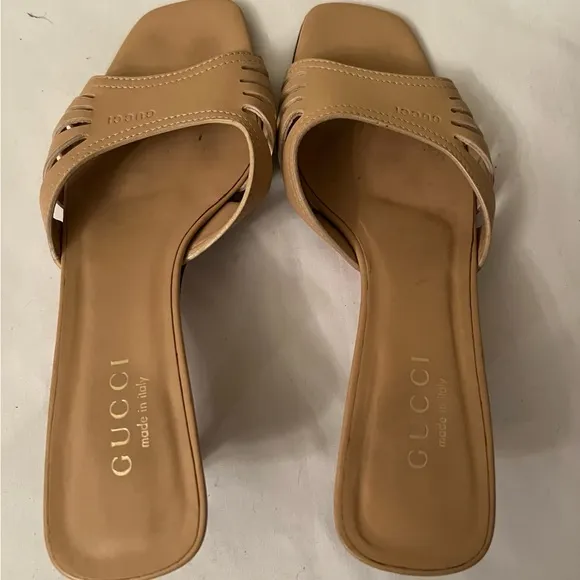 Gucci Tan Kitten Heel Slides, Size 37/US 6-1/2 GUC, Certificate of Authenticity