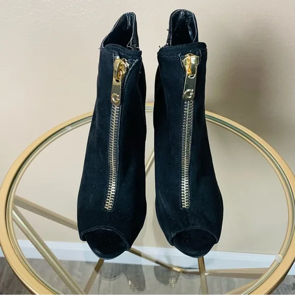 Guess Black Suede High Heels Peep Toe 4 Inch Zip Up Open Toe Heels 8 M New