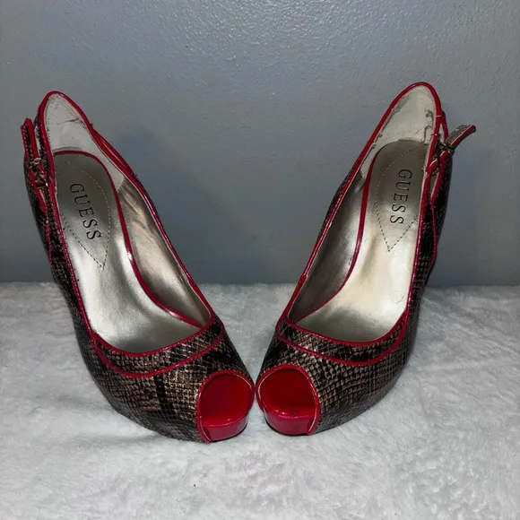 Guess Red and Brown Peep Toe Heels