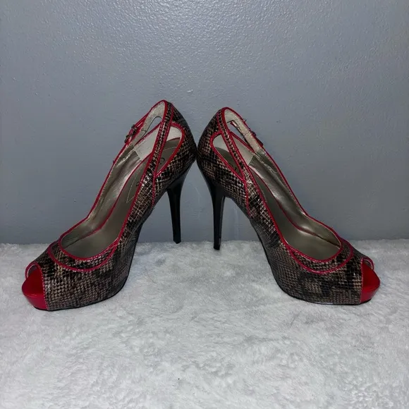 Guess Red and Brown Peep Toe Heels
