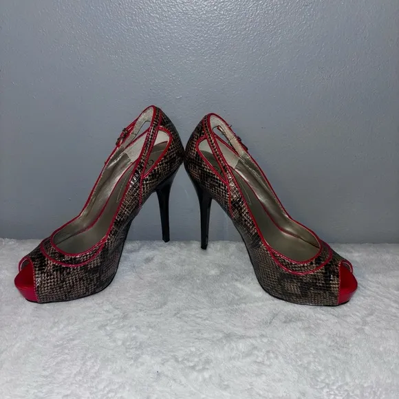 Guess Red and Brown Peep Toe Heels