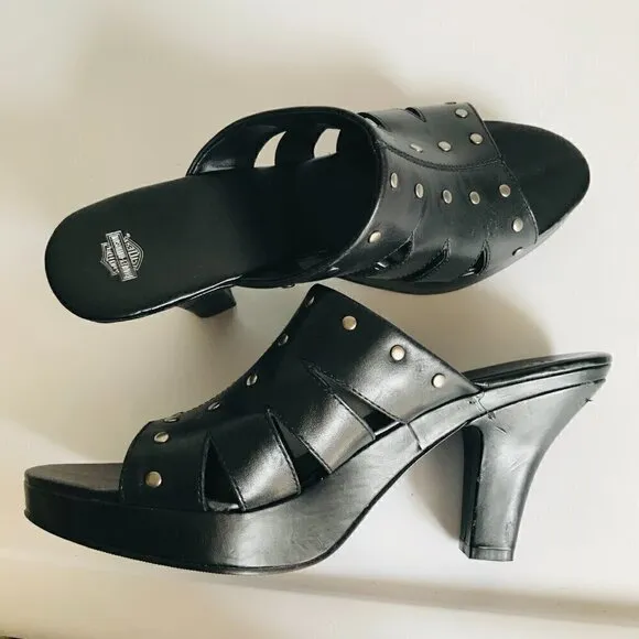 Harley Davidson Black Platform Heel Studded Sandal 9.5