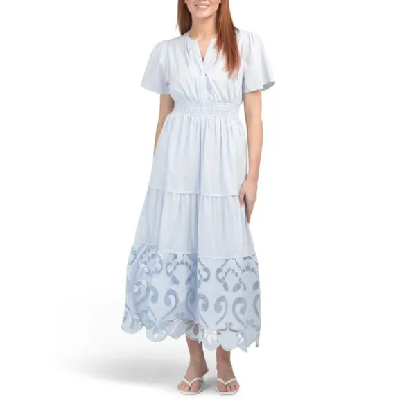 HAUTE HIPPIE STYLE Blue Short Sleeve Somerset Maxi Dress With Embroidery