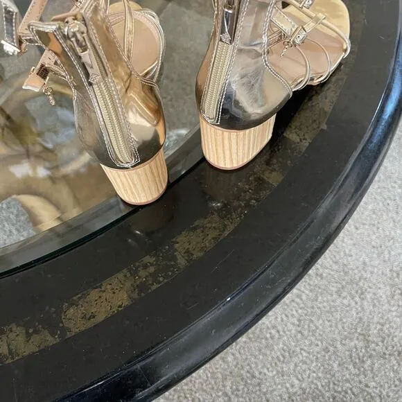 Heels sandles- gold new Nanette Lepore size 7 1/2 zipper back- block heels 2 2/4