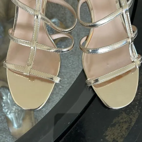 Heels sandles- gold new Nanette Lepore size 7 1/2 zipper back- block heels 2 2/4