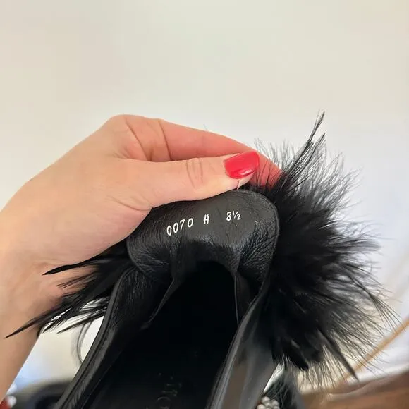 Here/Now Lily Feather Pom Leather Slip On Platform Sneaker Black 8.5