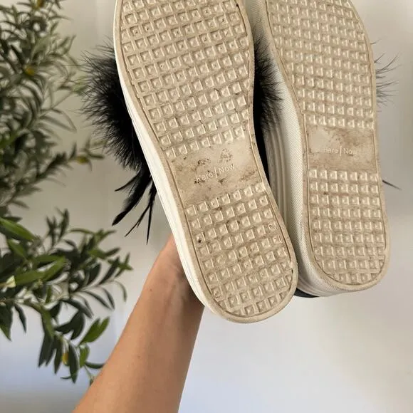 Here/Now Lily Feather Pom Leather Slip On Platform Sneaker Black 8.5