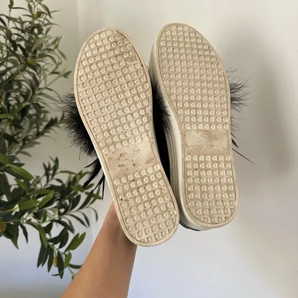 Here/Now Lily Feather Pom Leather Slip On Platform Sneaker Black 8.5