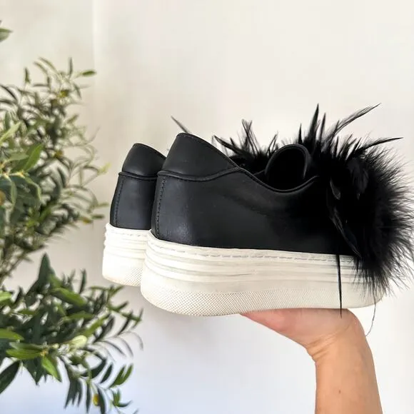 Here/Now Lily Feather Pom Leather Slip On Platform Sneaker Black 8.5