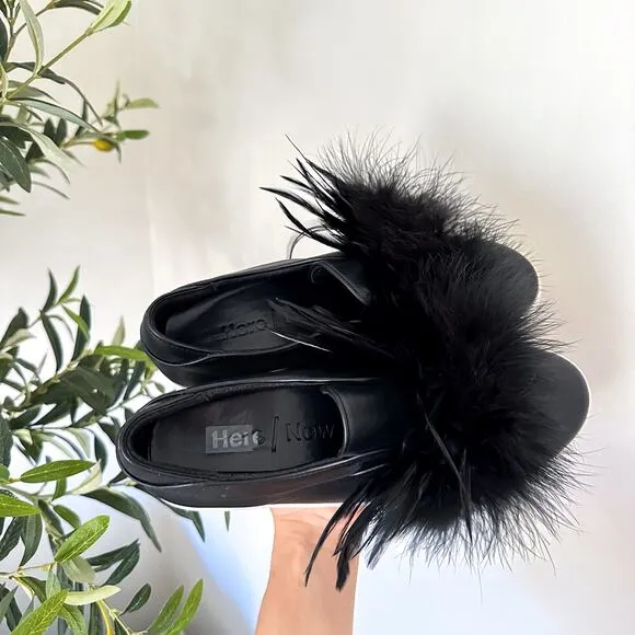 Here/Now Lily Feather Pom Leather Slip On Platform Sneaker Black 8.5