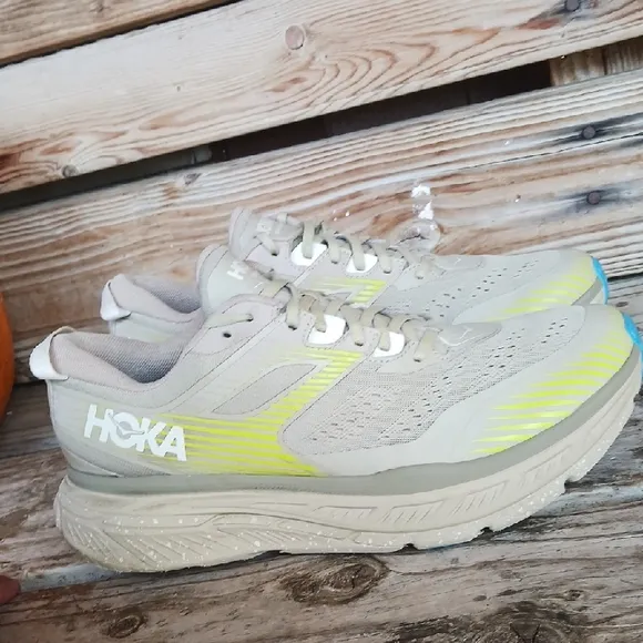 Hoka Stinson AtR 6 Tan and Yellow Athletic Shoes with Maximalist Cushioning