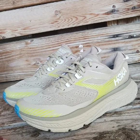 Hoka Stinson AtR 6 Tan and Yellow Athletic Shoes with Maximalist Cushioning