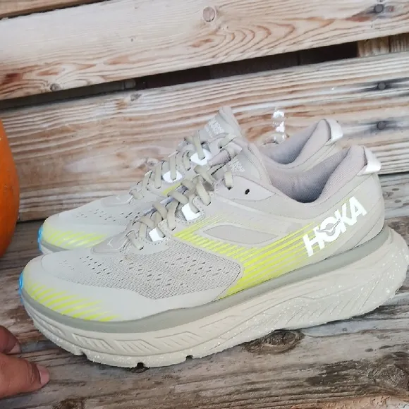 Hoka Stinson AtR 6 Tan and Yellow Athletic Shoes with Maximalist Cushioning