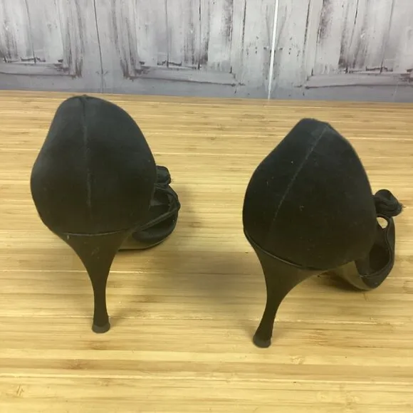 Hollywould Black Satin Peep Toe Heels w/ Bow 38