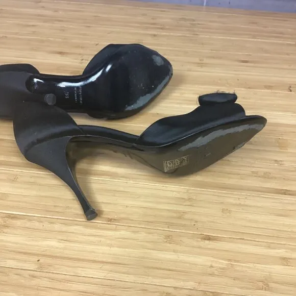 Hollywould Black Satin Peep Toe Heels w/ Bow 38