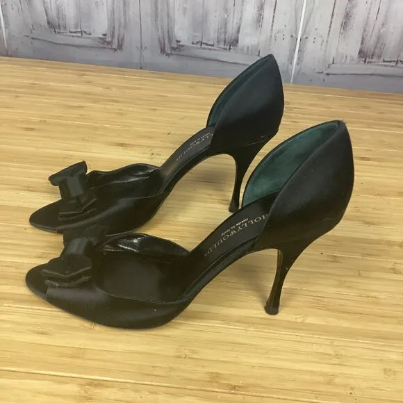 Hollywould Black Satin Peep Toe Heels w/ Bow 38