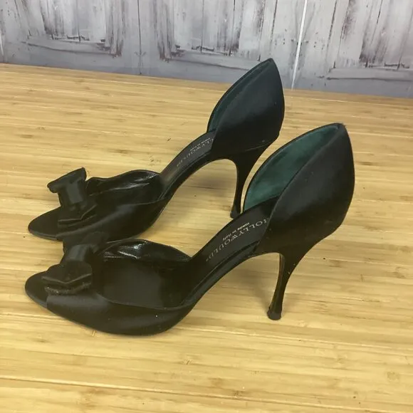 Hollywould Black Satin Peep Toe Heels w/ Bow 38