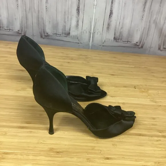 Hollywould Black Satin Peep Toe Heels w/ Bow 38