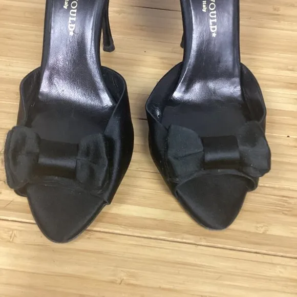 Hollywould Black Satin Peep Toe Heels w/ Bow 38