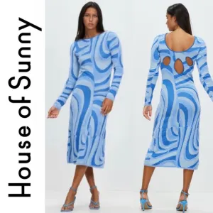 House of Sunny Blue Moon Midi Dress Size 2 Blogger Favorite Fuzzy Cut out Back