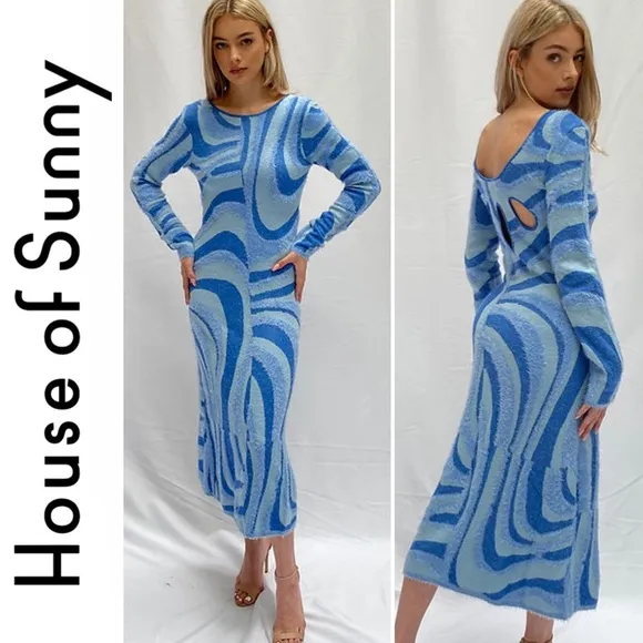 House of Sunny Blue Moon Midi Dress Size 2 Blogger Favorite Fuzzy Cut out Back