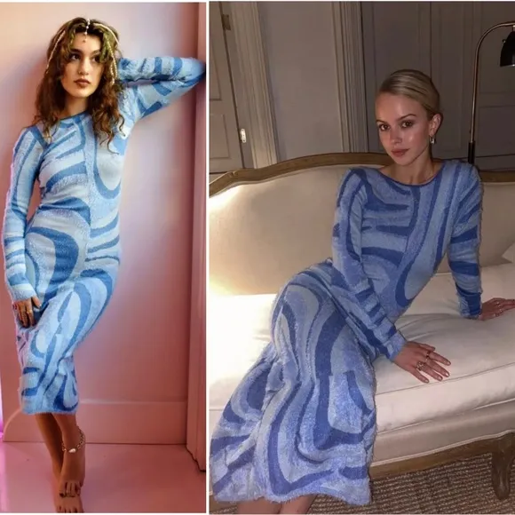 House of Sunny Blue Moon Midi Dress Size 2 Blogger Favorite Fuzzy Cut out Back