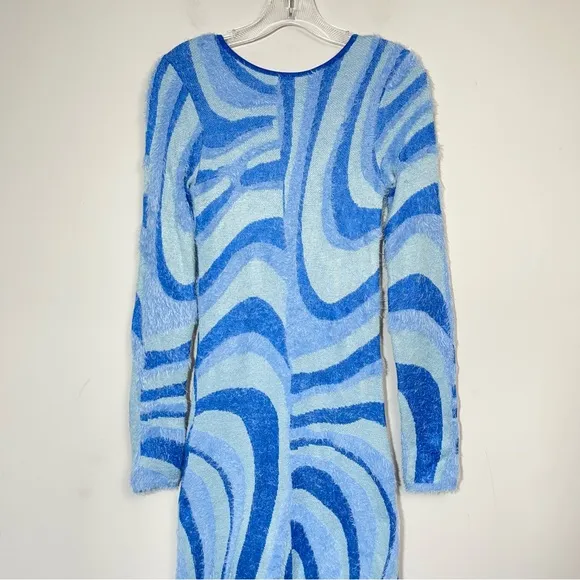 House of Sunny Blue Moon Midi Dress Size 2 Blogger Favorite Fuzzy Cut out Back