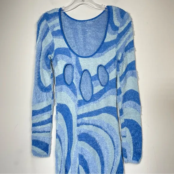 House of Sunny Blue Moon Midi Dress Size 2 Blogger Favorite Fuzzy Cut out Back